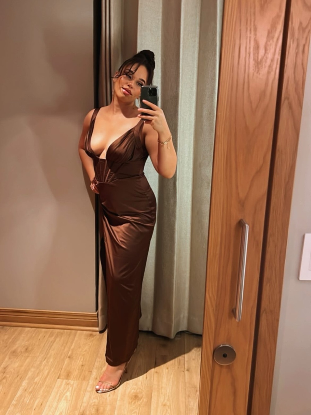 Sculpted Brown Satin Maxi Dress with Plunge Neck